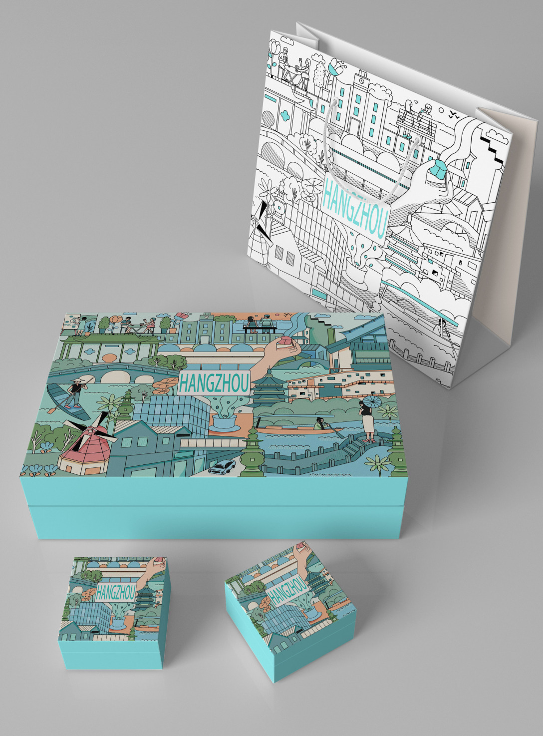 青色城市—-杭州 包装扁平插画