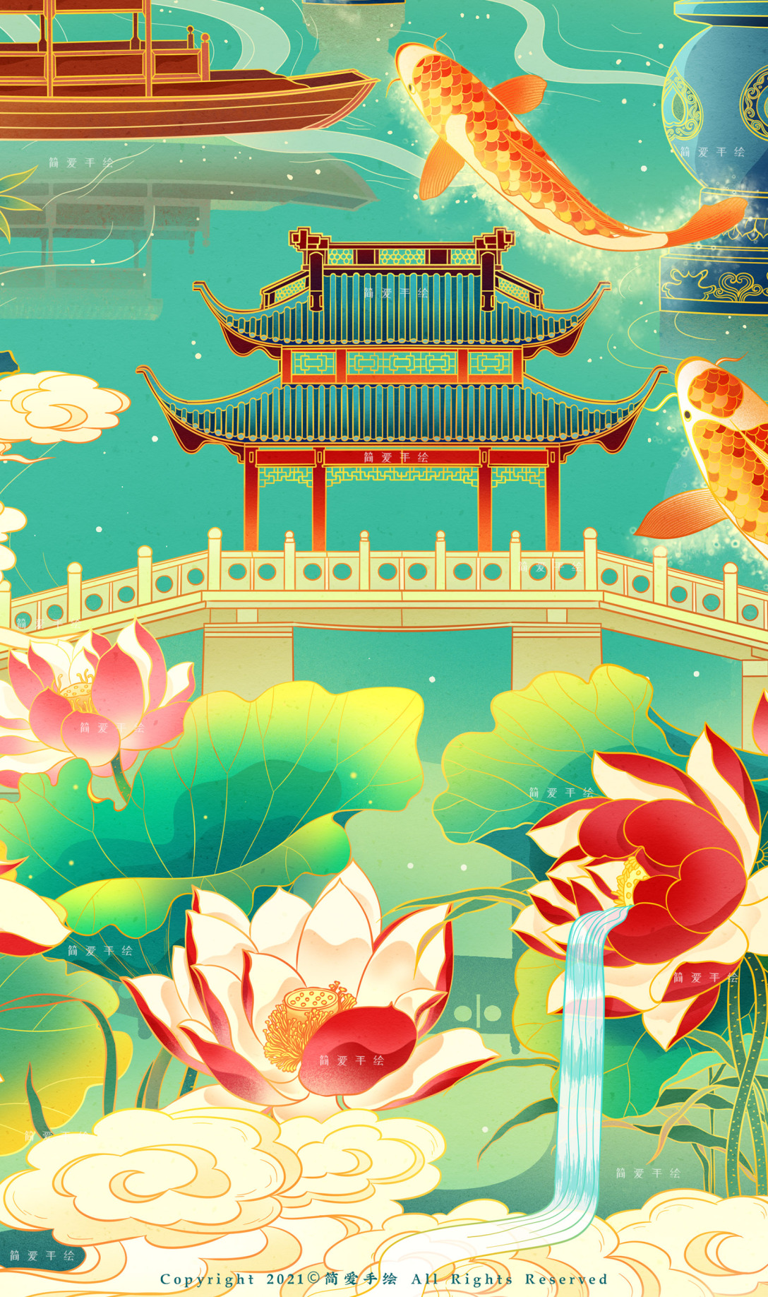 西湖十景杭州主题国风插画