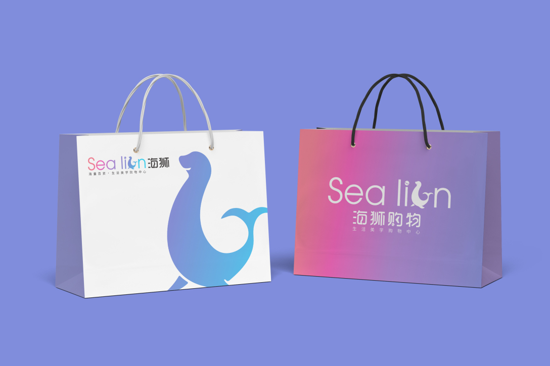 海狮购物"进行艺术化字体设计,保留辨识度的同时,进行创意变形,与英文