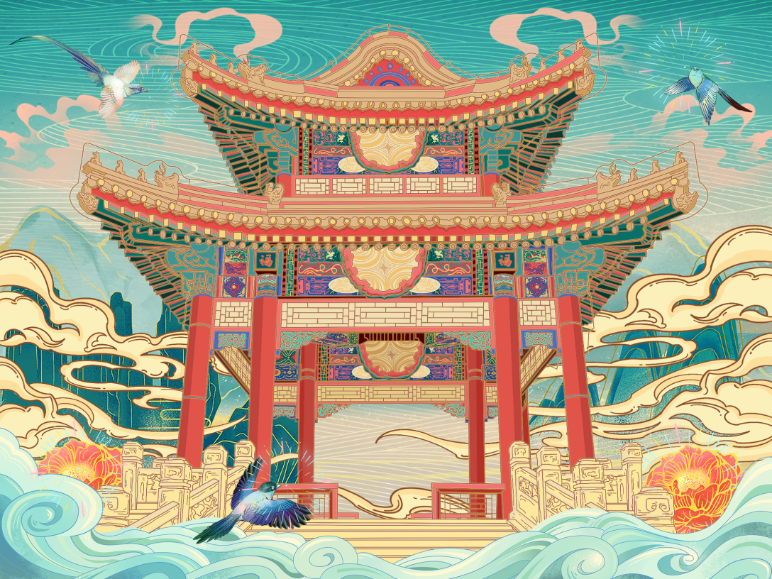 颐和园八角亭主题插画