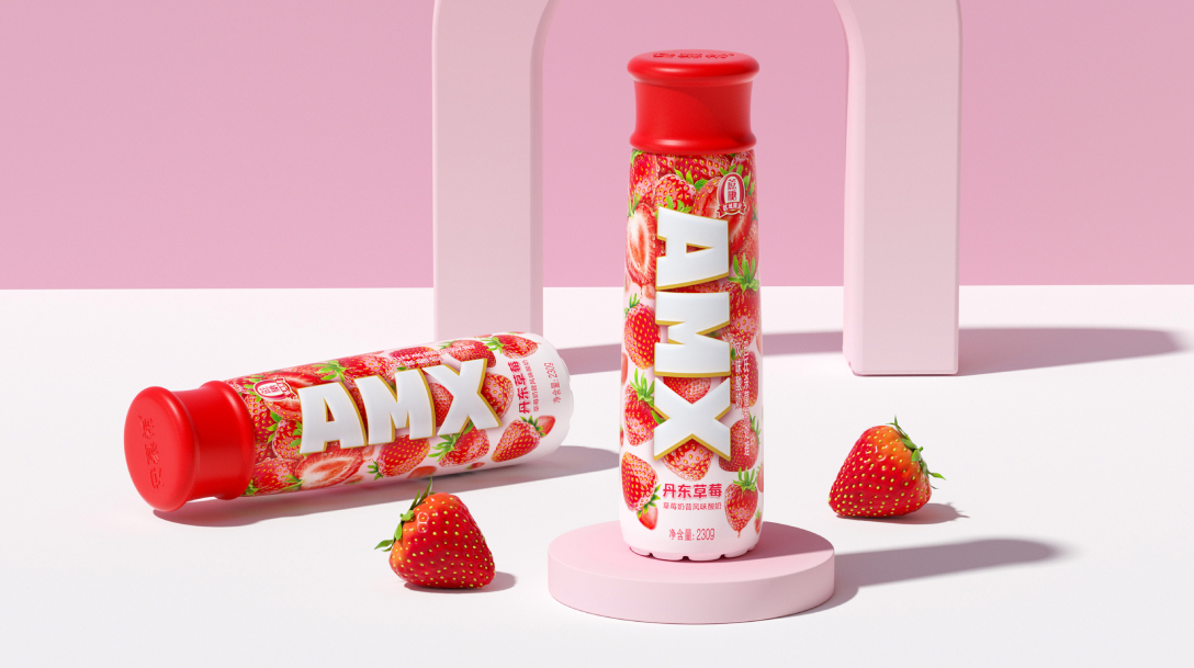 安慕希amx丹东草莓奶昔风味酸奶包装-古田路9号-品牌创意/版权保护