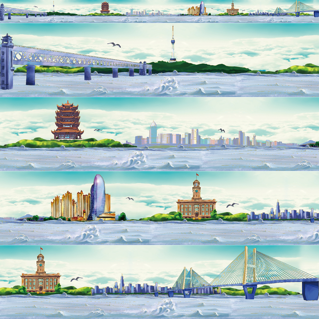 武汉黄鹤楼龟山电视塔江汉关大桥二桥全景长卷绘画