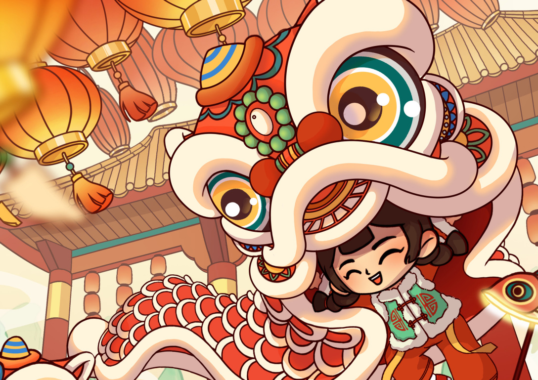 兔年新春舞狮主题系列插画 | 文创插画设计-古田路9号-品牌创意/版权