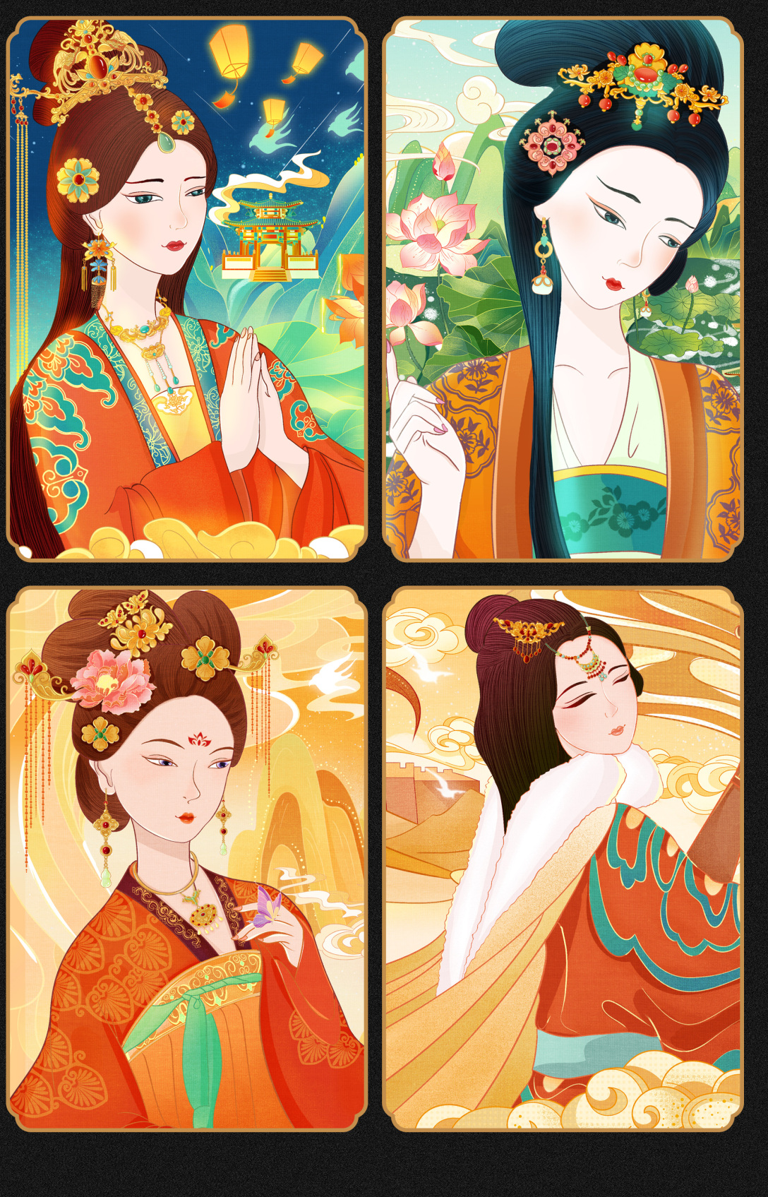 国潮插画——古风四大美人包装手绘文创插画-古田路9号-品牌创意/版权