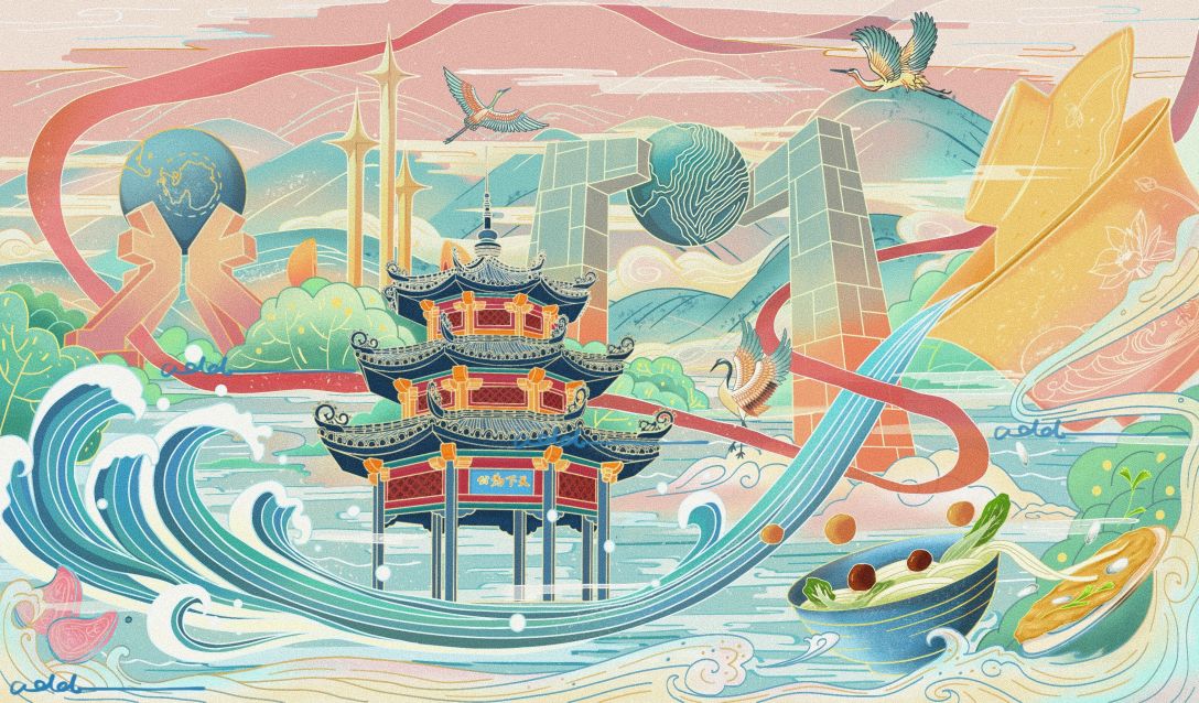 潮汕汕头城市主题国风插画