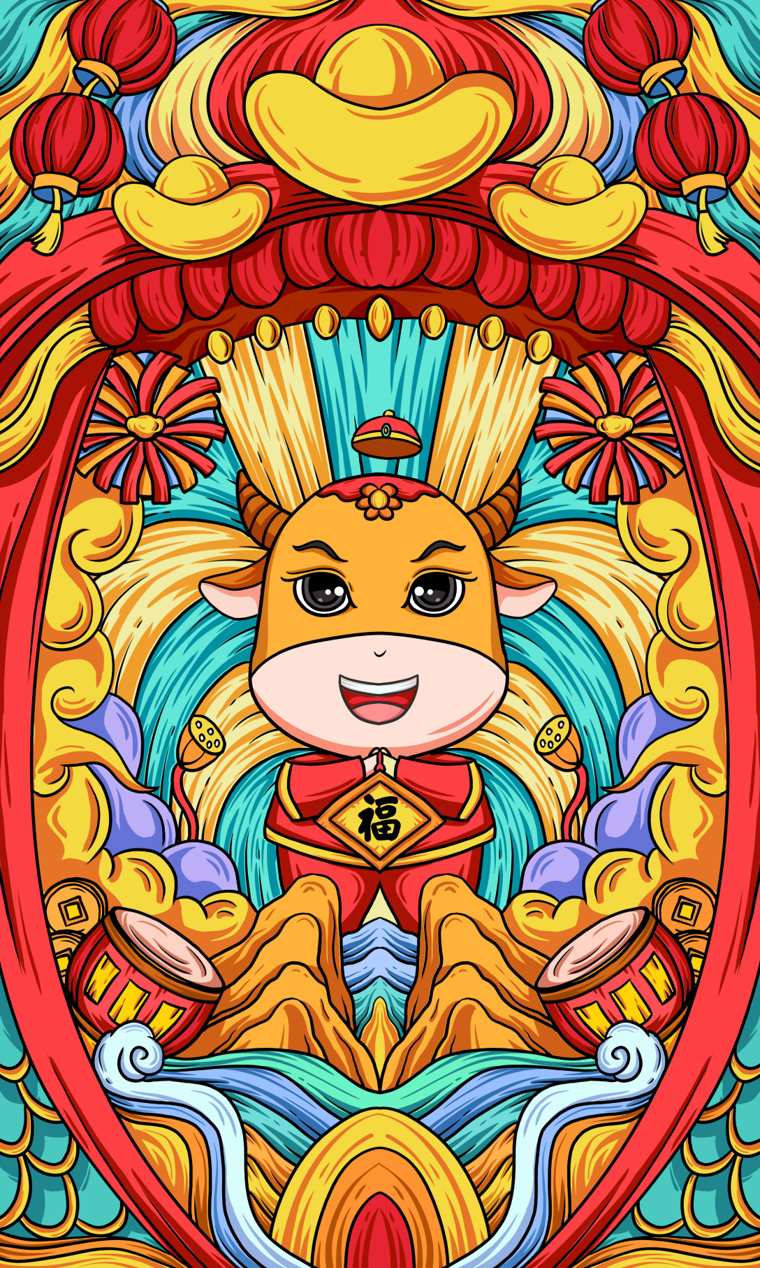 国潮插画可爱牛