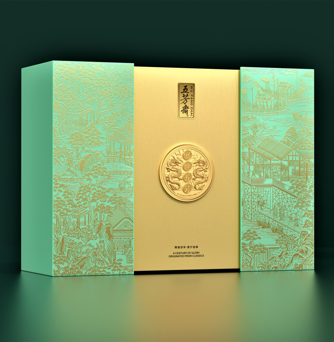 中间内侧的外盒则采用亚金色的竖条暗纹质感,而亮金色质感的圆形金牌