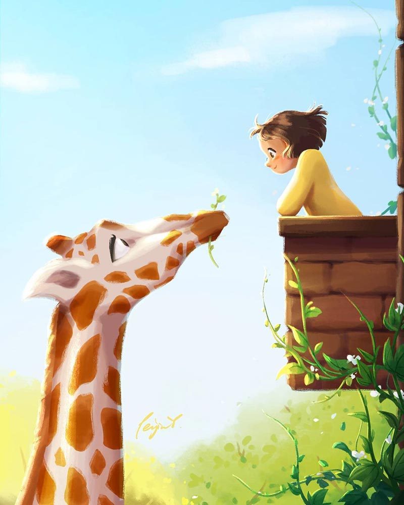 人与动物的可爱插画