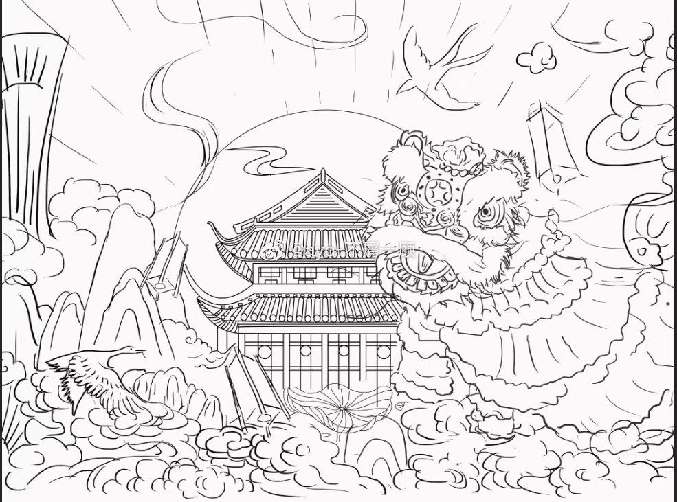 春节舞狮素描图片