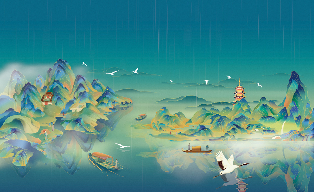 根据山水进行插画创作.