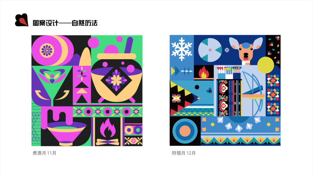 因此,我们选用傈僳族的自然历法作为设计灵感,结合傈僳族的民族图案
