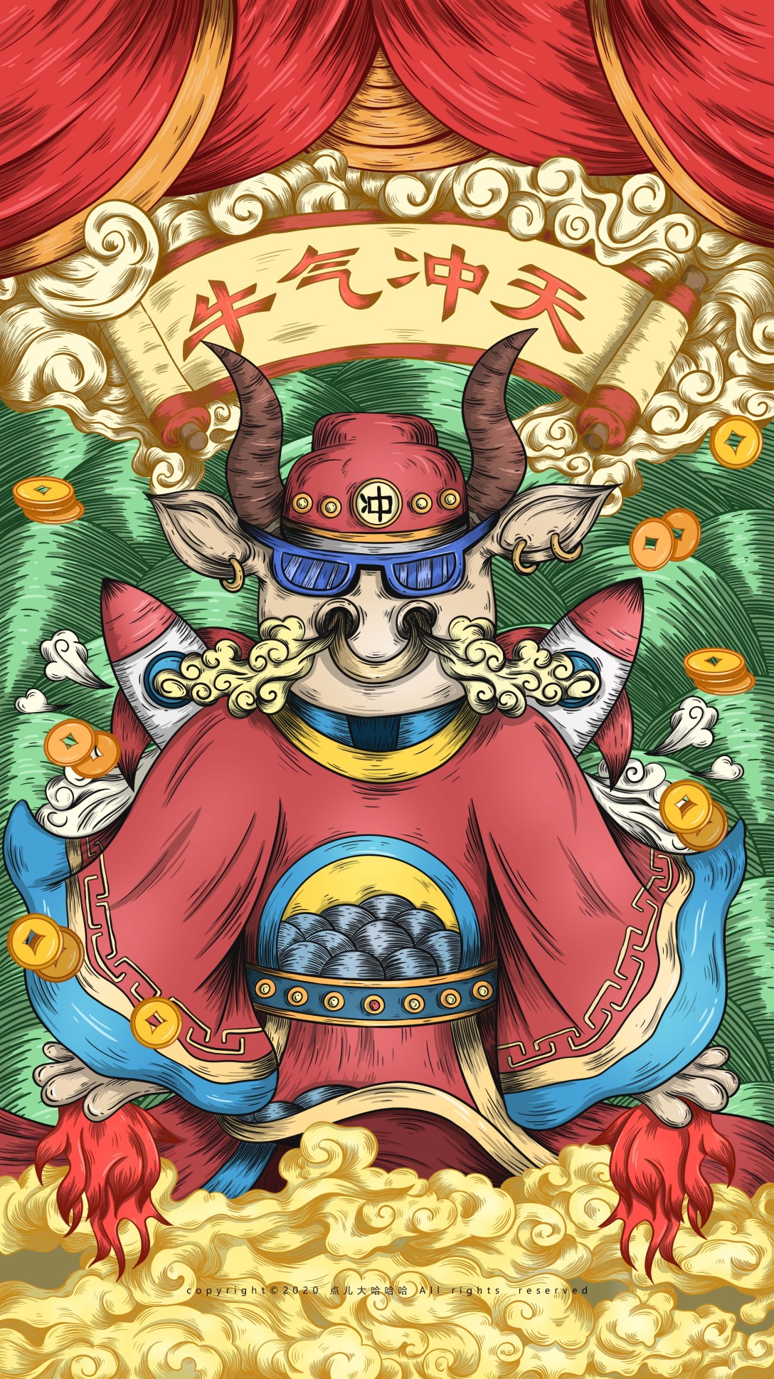 2021牛年贺图国潮插画牛年大吉牛转乾坤牛气冲天