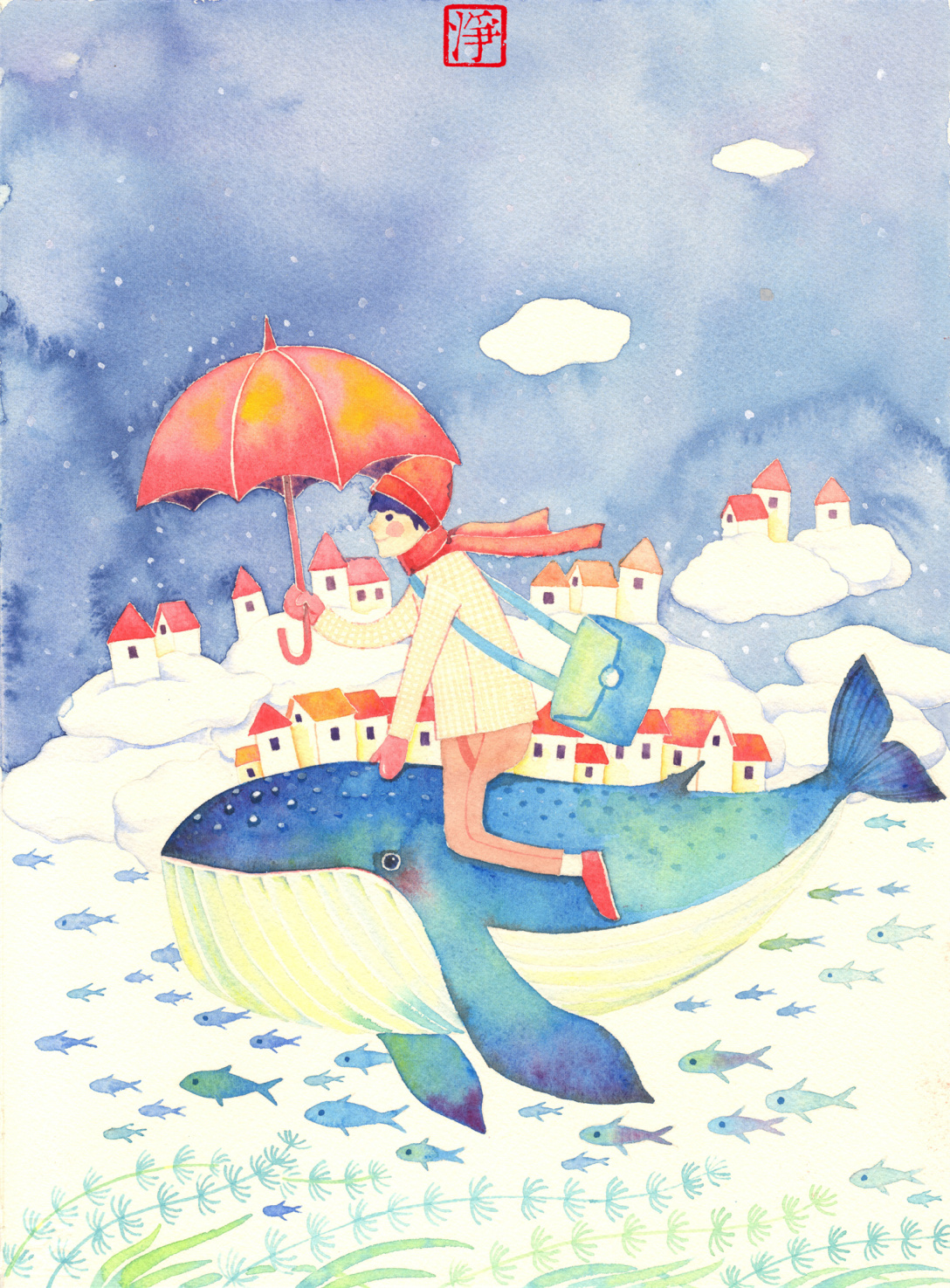 鲸鱼元素插画手绘 这里有水彩,丙烯,水墨画的鲸鱼