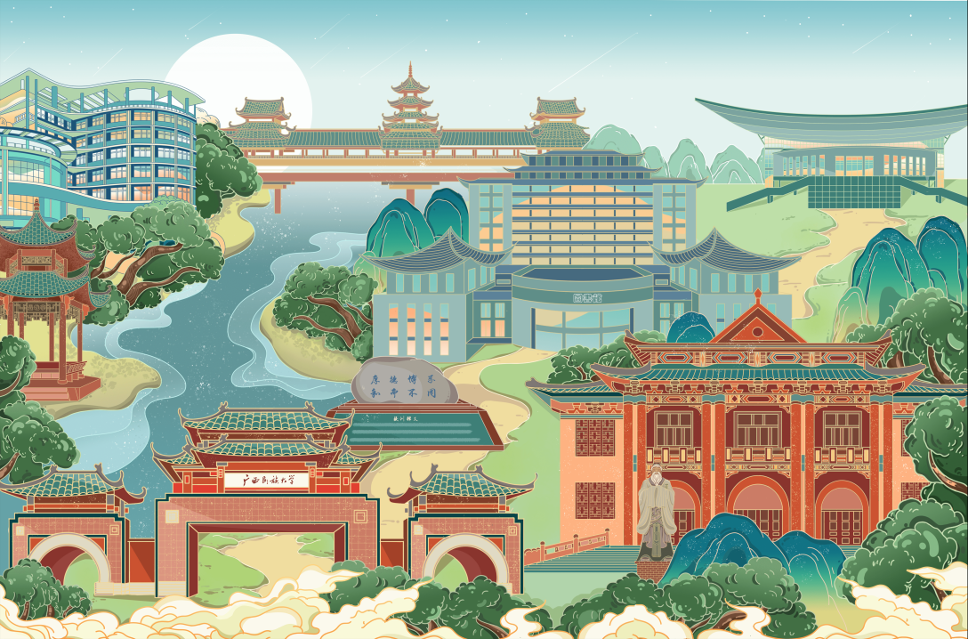 广西民族大学校园文创产品国潮插画