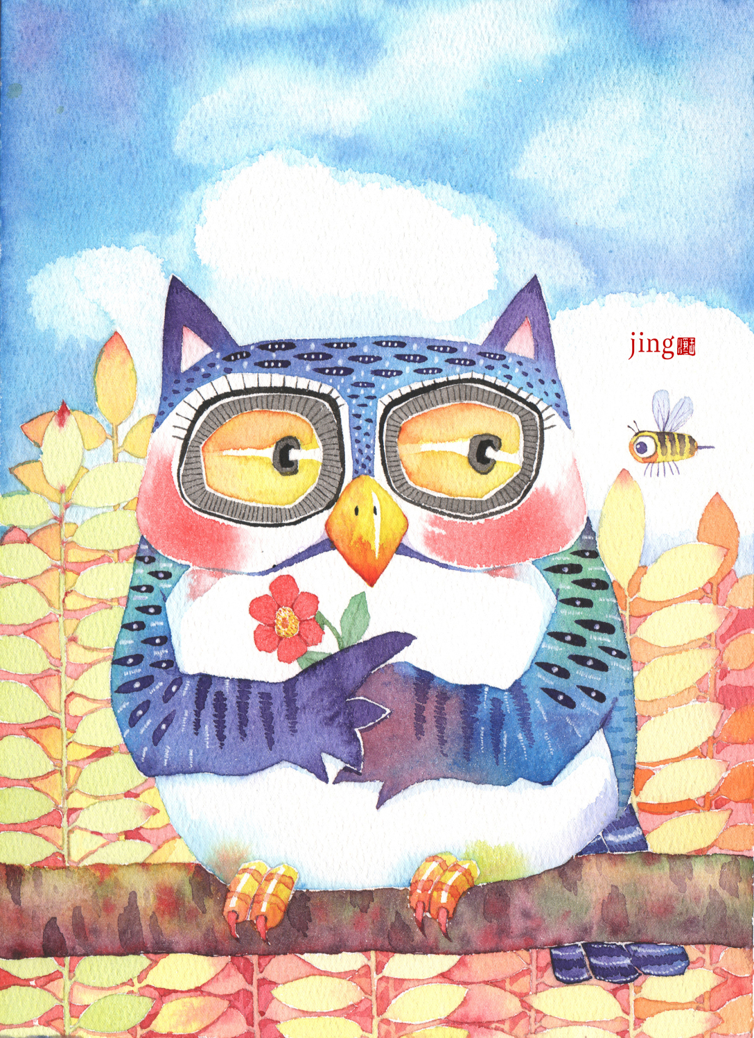 猫头鹰系列水彩插画