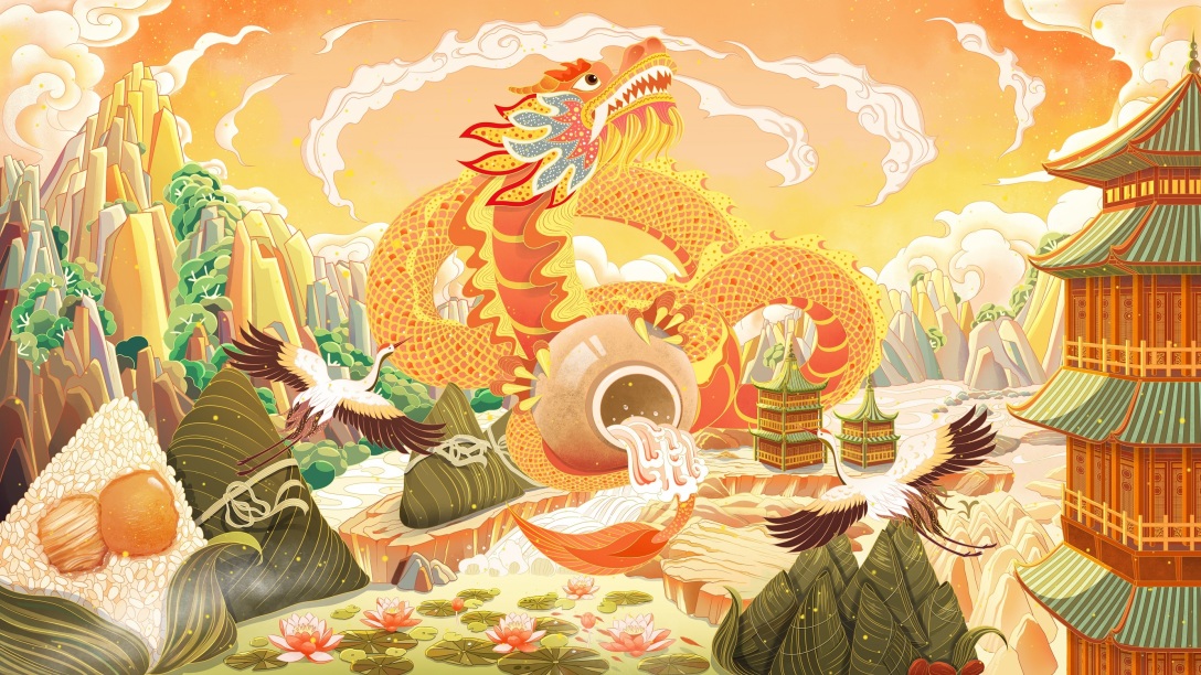 新国风端午主题插画 |舞龙抱酒-古田路9号-品牌创意/版权保护平台